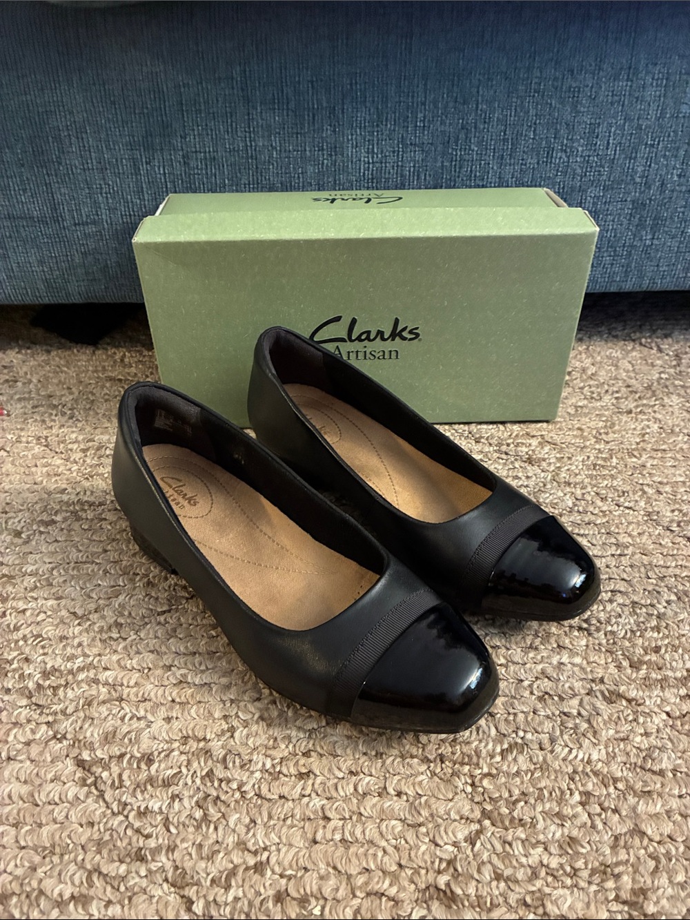 Clarks Black Patent Cap-Toe Low Heel Pumps